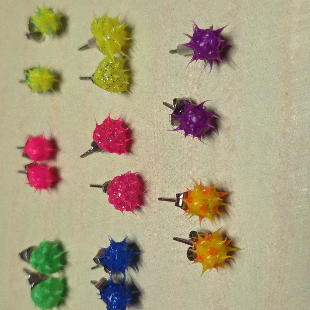 8 Pairs Of Colorfull Silicone spike ball earing, Squishy spikey rave studs